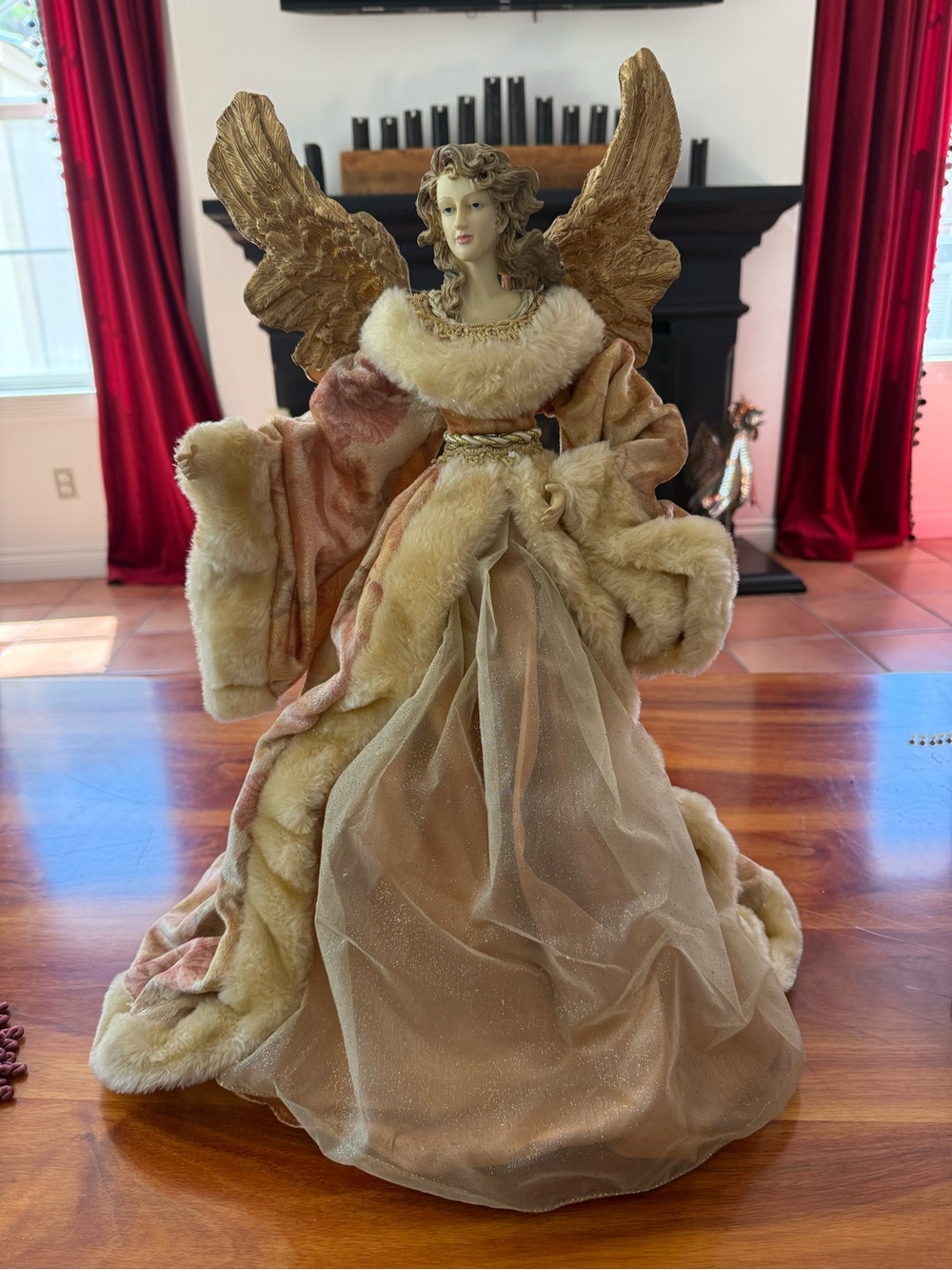 Gold and Cream 22”H Porcelain Angel Figurine Holiday Tree Topper - Vintage
